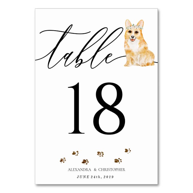 Corgi puppy Wedding Calligraphy Signature Table Number (Front)