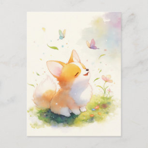 Corgi Puppy with Butterflies in Sunny Meadow Postcard