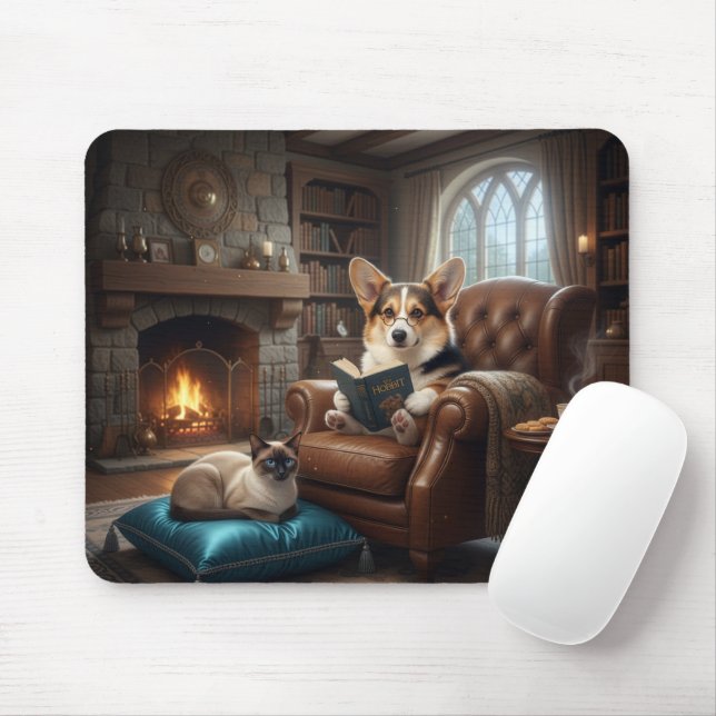 Corgi reads to cat mouse pad (With Mouse)