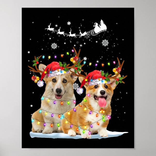 Corgi Reindeer Santa Hat Xmas Lights Christmas Xma Poster (Front)
