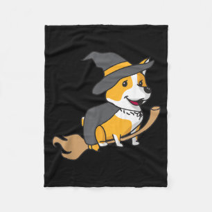 Corgi Riding Broomstick Funny Halloween Dog Fleece Blanket