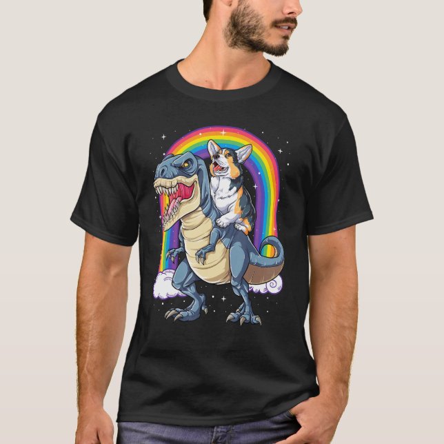Corgi Riding Dinosaur T rex Boys Girls Rainbow Spa T-Shirt (Front)