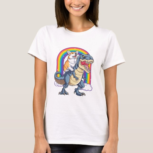 Corgi Riding Dinosaur T rex Funny Space Galaxy Rai T-Shirt (Front)