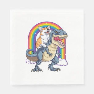 Corgi Riding Dinosaur T rex Shirt Funny Rainbow Do Napkin