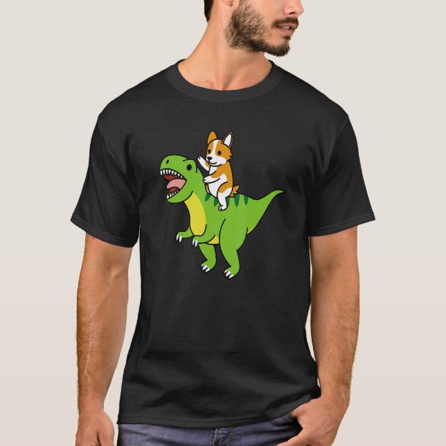 Corgi Riding Rex Dinosaur Dog T-Shirt (Front)