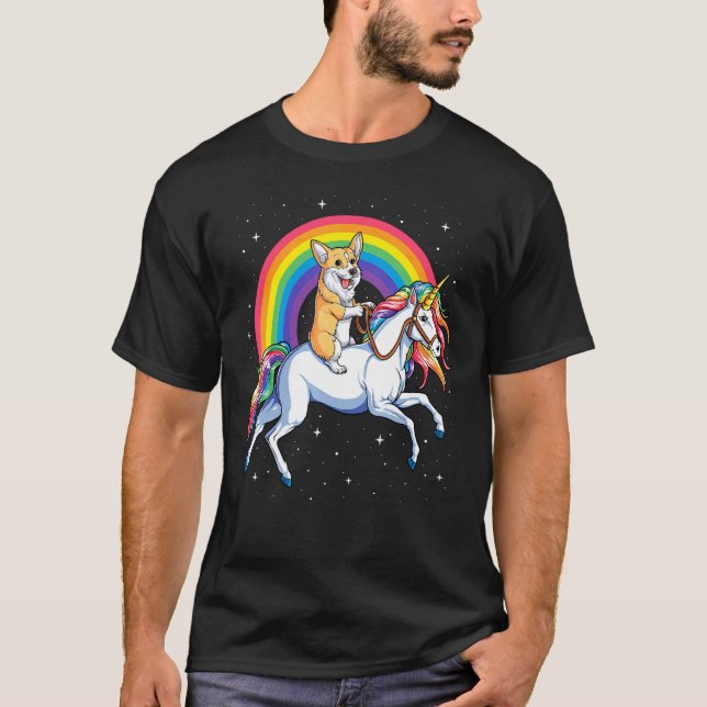 Corgi Riding Unicorn Girls Kids Rainbow Space Gala T-Shirt (Front)