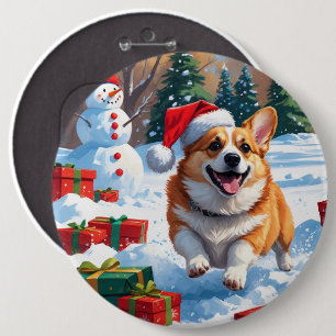 Corgi Running in Snow with Christmas Hat 6 Inch Round Button