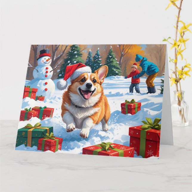 Corgi Running in Snow with Christmas Hat Card (Yellow Flower)