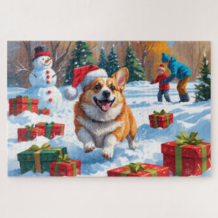 Corgi Running in Snow with Christmas Hat Jigsaw Puzzle