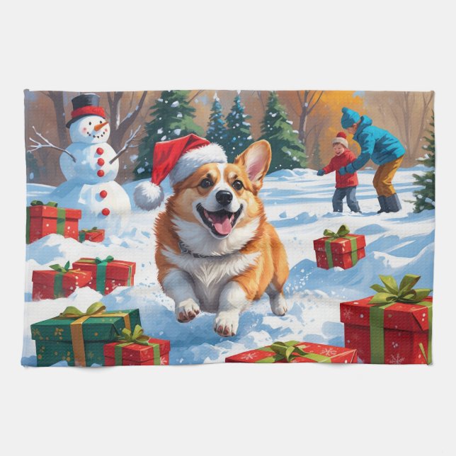 Corgi Running in Snow with Christmas Hat Kitchen Towel (Horizontal)