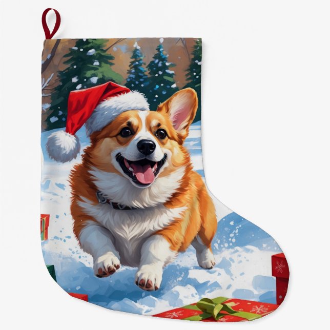 Corgi Running in Snow with Christmas Hat Large Christmas Stocking (Front)