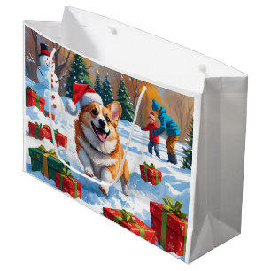 Corgi Running in Snow with Christmas Hat Large Gift Bag