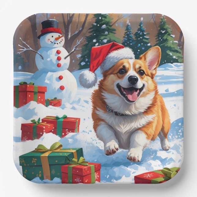 Corgi Running in Snow with Christmas Hat Paper Plate (Front)