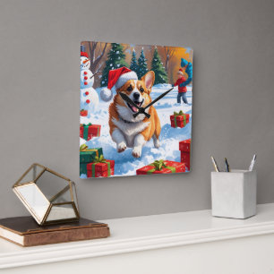 Corgi Running in Snow with Christmas Hat Square Wall Clock