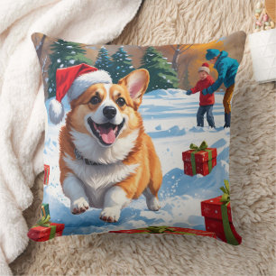 Corgi Running in Snow with Christmas Hat Throw Pillow
