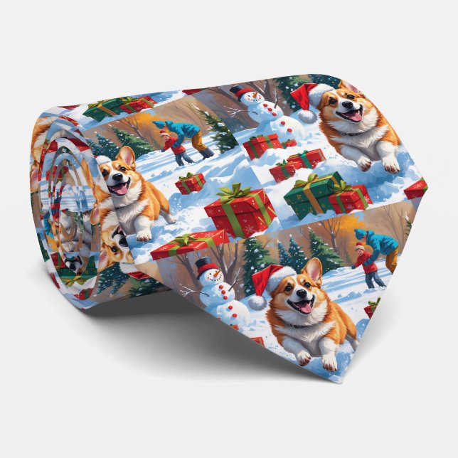 Corgi Running in Snow with Christmas Hat Tie (Rolled)