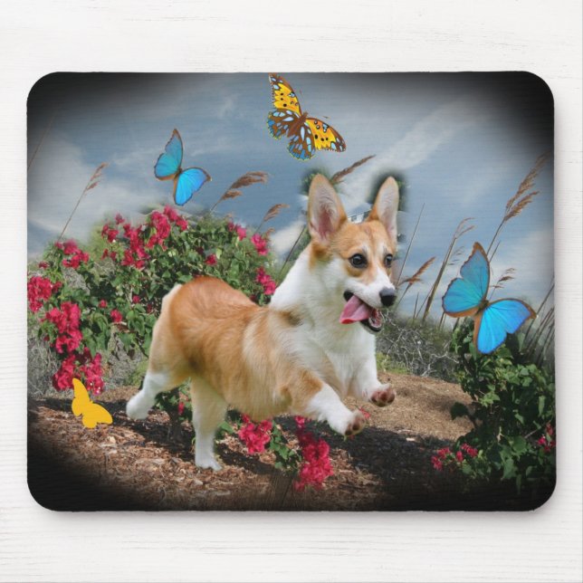 Corgi Runs With Butterflies Mouse Pad (Front)