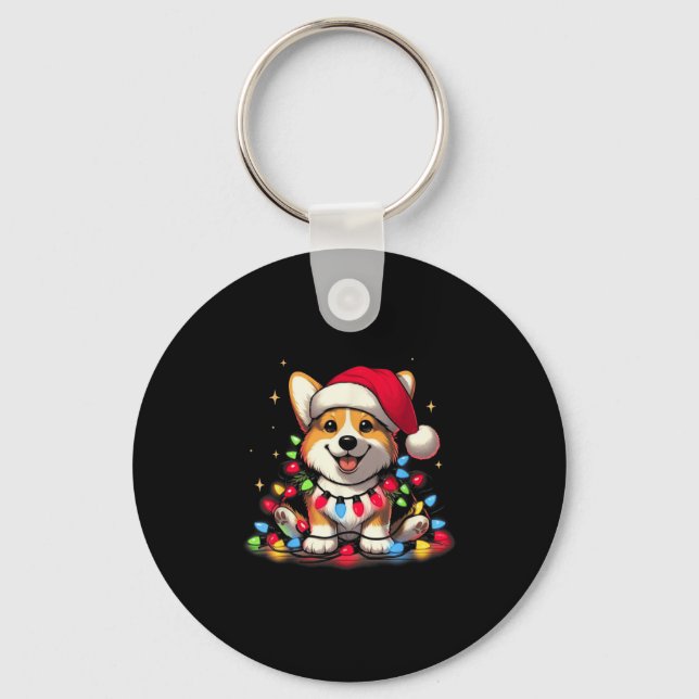 Corgi Santa Christmas Tree Lights Boys Men Corgmas Keychain (Front)