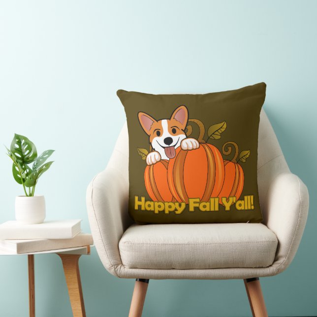 Corgi says Happy Fall Y'all! Throw Pillow (Chair)