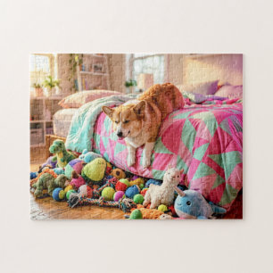 Corgi Sliding Sleepily Off Bed Jigsaw Puzzle
