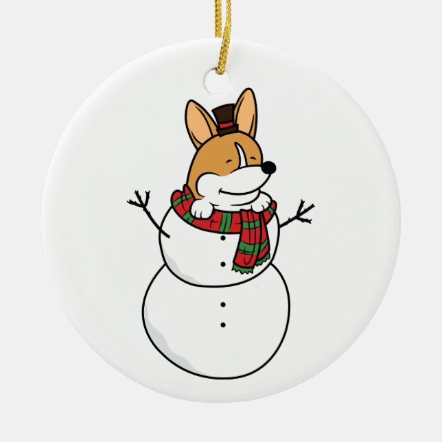 Corgi Snowman Christmas Ceramic Ornament (Front)