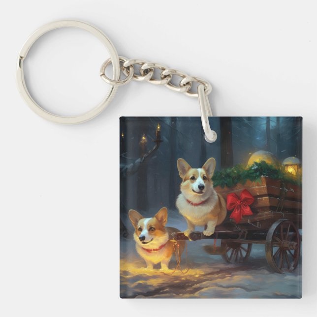 Corgi Snowy Sleigh Christmas Decor  Keychain (Front)