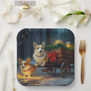 Corgi Snowy Sleigh Christmas Decor  Paper Plate