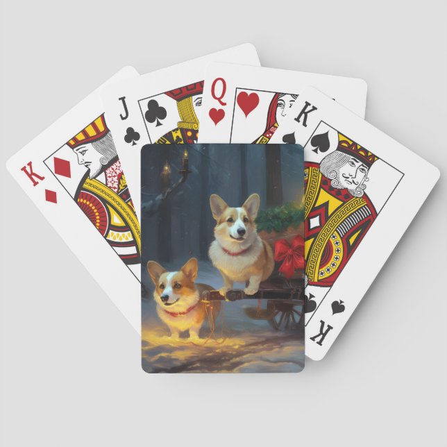 Corgi Snowy Sleigh Christmas Decor  Playing Cards (Back)