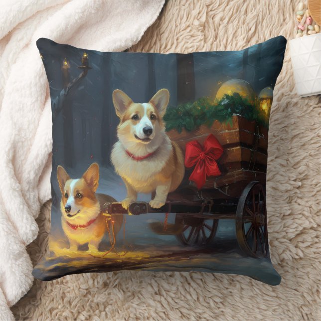 Corgi Snowy Sleigh Christmas Decor  Throw Pillow (Blanket)