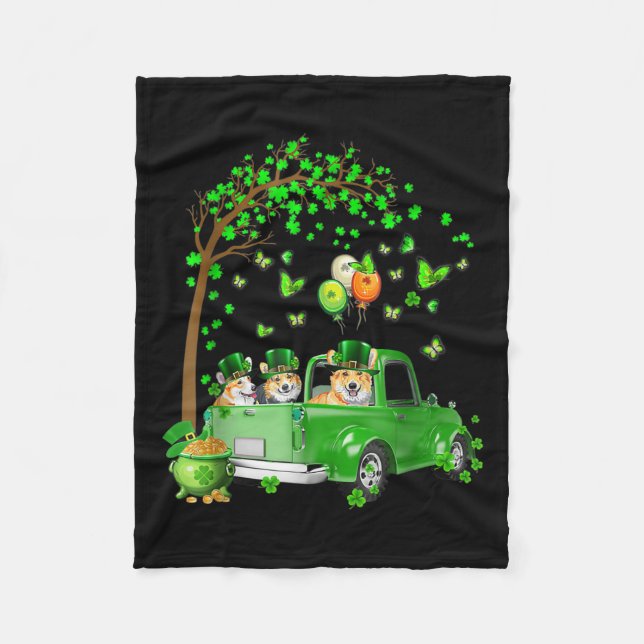 Corgi St Patricks Day Green Truck Under The Tree Fleece Blanket (Front)