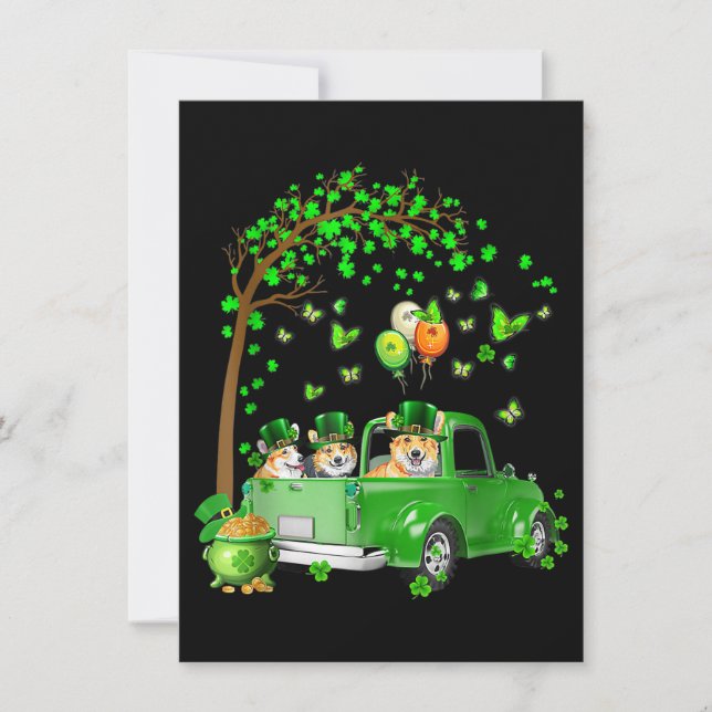 Corgi St Patricks Day Green Truck Under The Tree Invitation (Front)