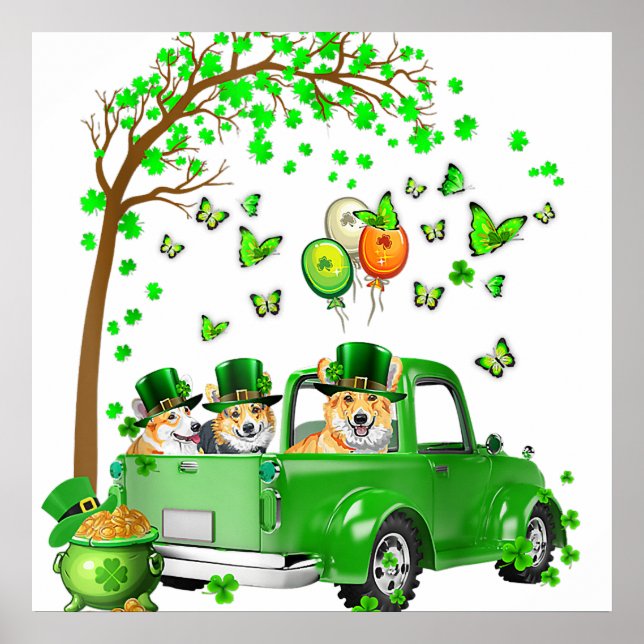 Corgi St Patricks Day Green Truck Under The Tree Poster (Front)