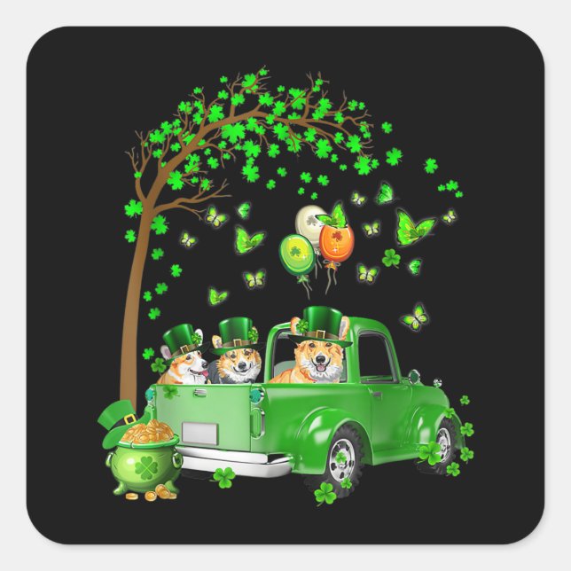 Corgi St Patricks Day Green Truck Under The Tree Square Sticker (Front)