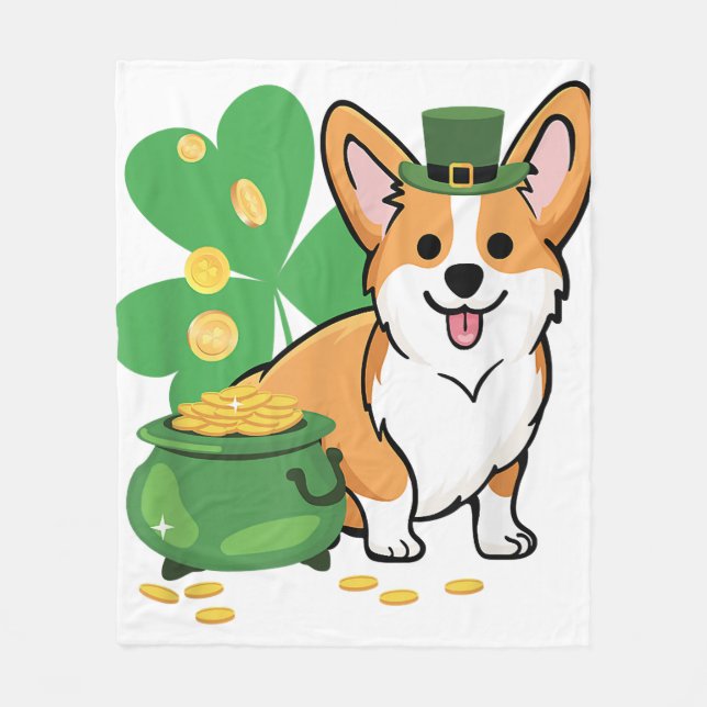 Corgi St Patricks Day with Leprechaun Hat Fleece Blanket (Front)