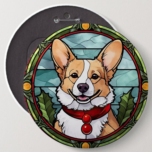 Corgi Stained Glass Christmas 6 Inch Round Button (Front & Back)