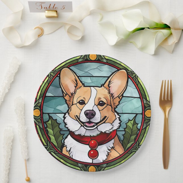 Corgi Stained Glass Christmas Paper Plate (Wedding)