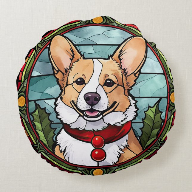 Corgi Stained Glass Christmas Round Pillow (Back)