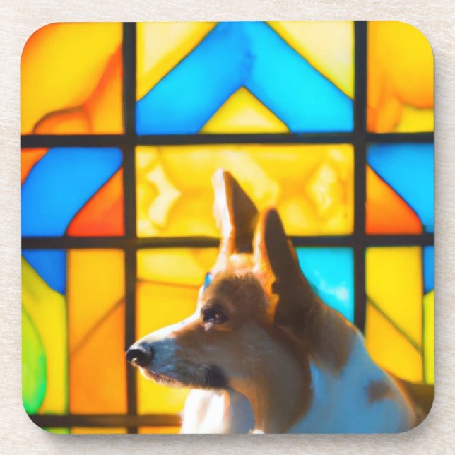 Corgi stained-glass glory brightly lighting up  coaster (Front)