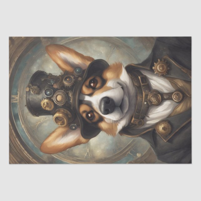 Corgi Steampunk Dreams: A Mechanical Decoupage Tissue Paper (Front)