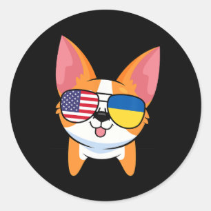 Corgi Sungles Usa American Ukraine Flag Kawaii Classic Round Sticker