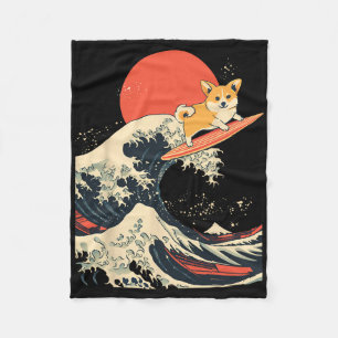 Corgi Surfing Japanese Wave _1 Fleece Blanket