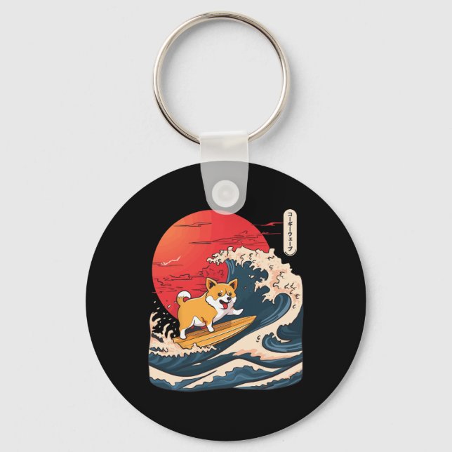 Corgi Surfing Japanese Wave _4  Keychain (Front)