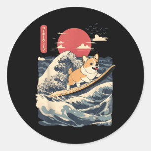 Corgi Surfing Japanese Wave  Classic Round Sticker