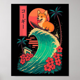 Corgi Surfing Japanese Wave  Poster