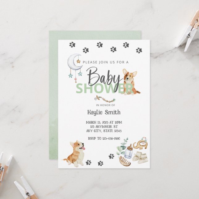 Corgi Theme Baby Shower Invitation  (Front/Back In Situ)