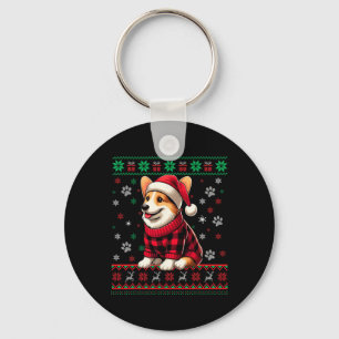 Corgi Ugly Christmas Funny Santa Hat Buffalo Plaid Keychain