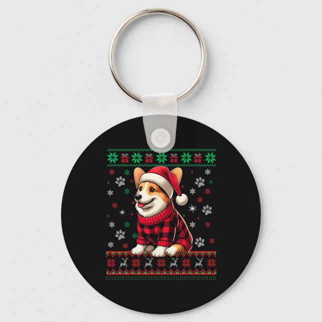 Corgi Ugly Christmas Funny Santa Hat Buffalo Plaid Keychain (Front)