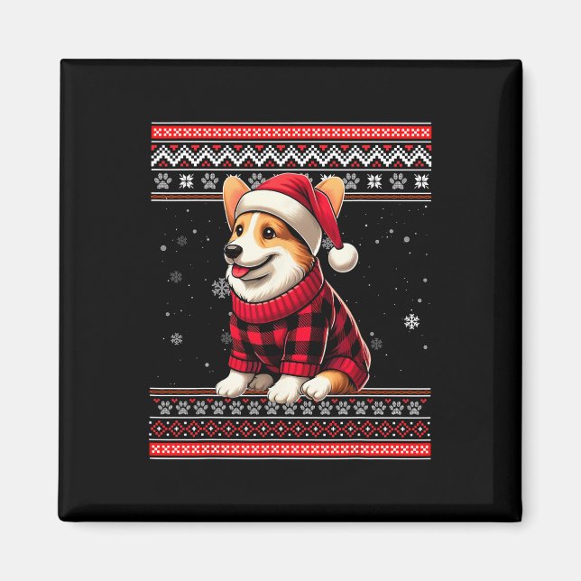 Corgi Ugly Funny Santa Hat Buffalo Plaid Christmas Magnet (Front)