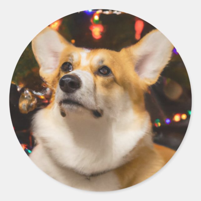 Corgi under the Christmas tree Classic Round Sticker (Front)