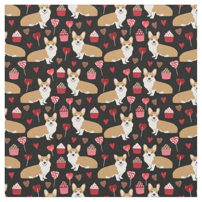 Corgi Valentines Fabric - black (Close Up)